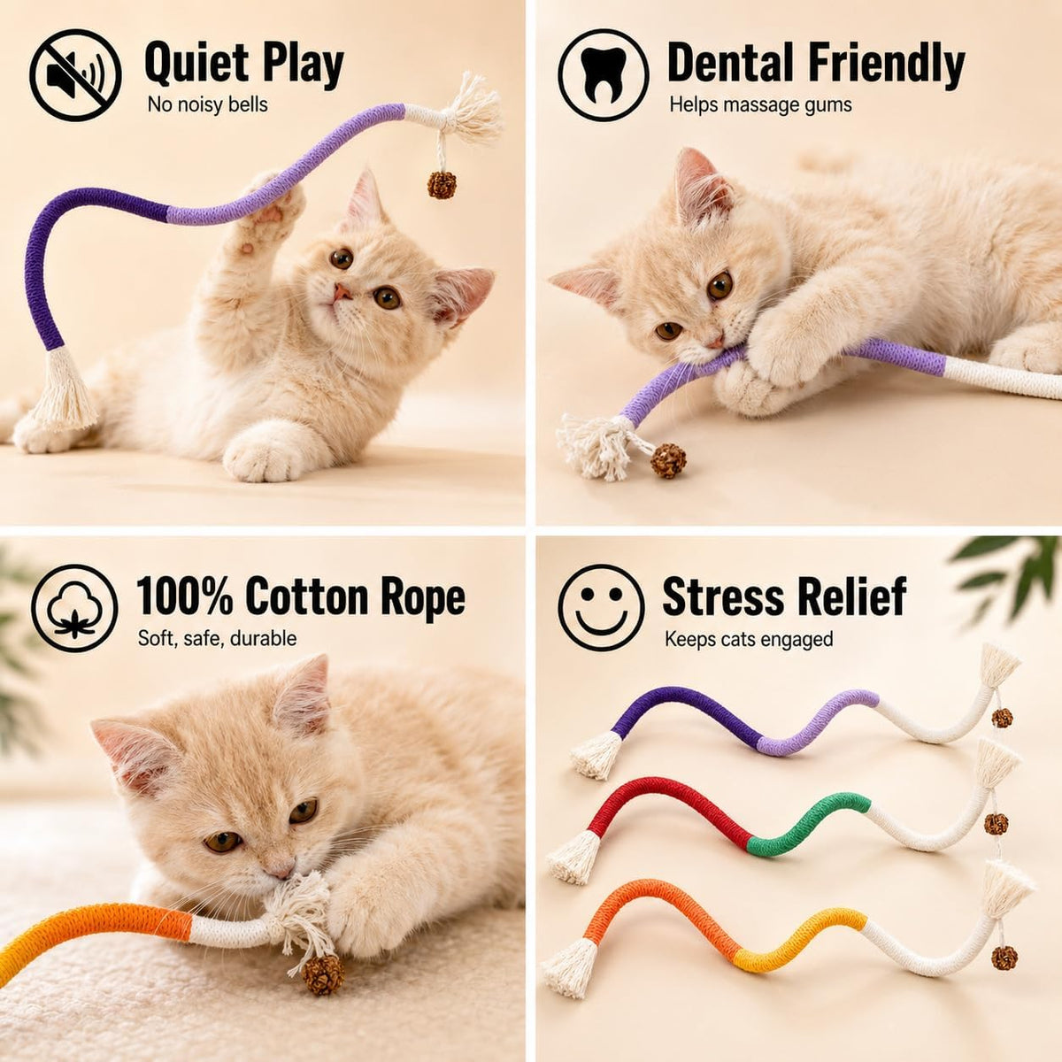 Cat Chew Long Rope Toys(27.5 Inch) 3PCS Refillable Catnip and Silvervine, Interactive Toy for Indoor Cats & Kittens, Safe Dental Chew Toys for Teeth Cleaning & Stress Relief