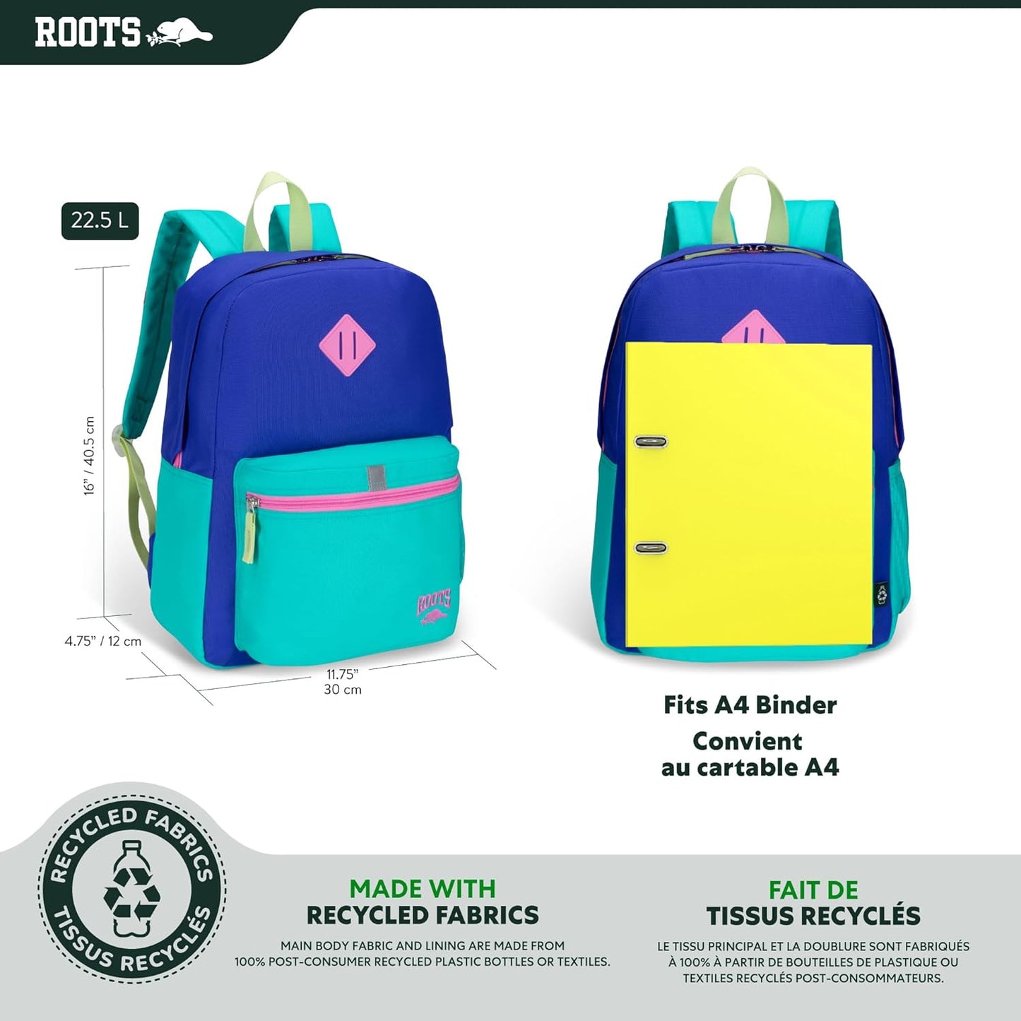 Roots Kids Lightweight Backpack — Made from 100% Recycled Fabrics with Rain Flap, Bottle Pocket, Reflective Accent, and Back Padding — 22.5 litres, Pink & Purple - PuriLite
