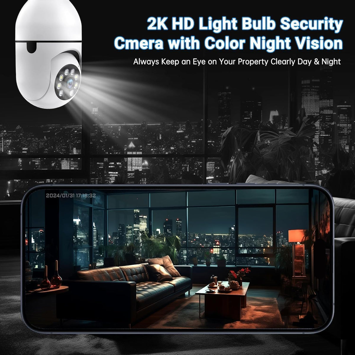 Light Bulb Security Camera Wireless Outdoor, 5G & 2.4GHz 2K 360 Degree Outdoor Camera Wireless Motion Detection and Alarm,Two-Way Talk,Color Night Vision, Bulb Camera Surveillance Exterieur, 2Pack - PuriLite