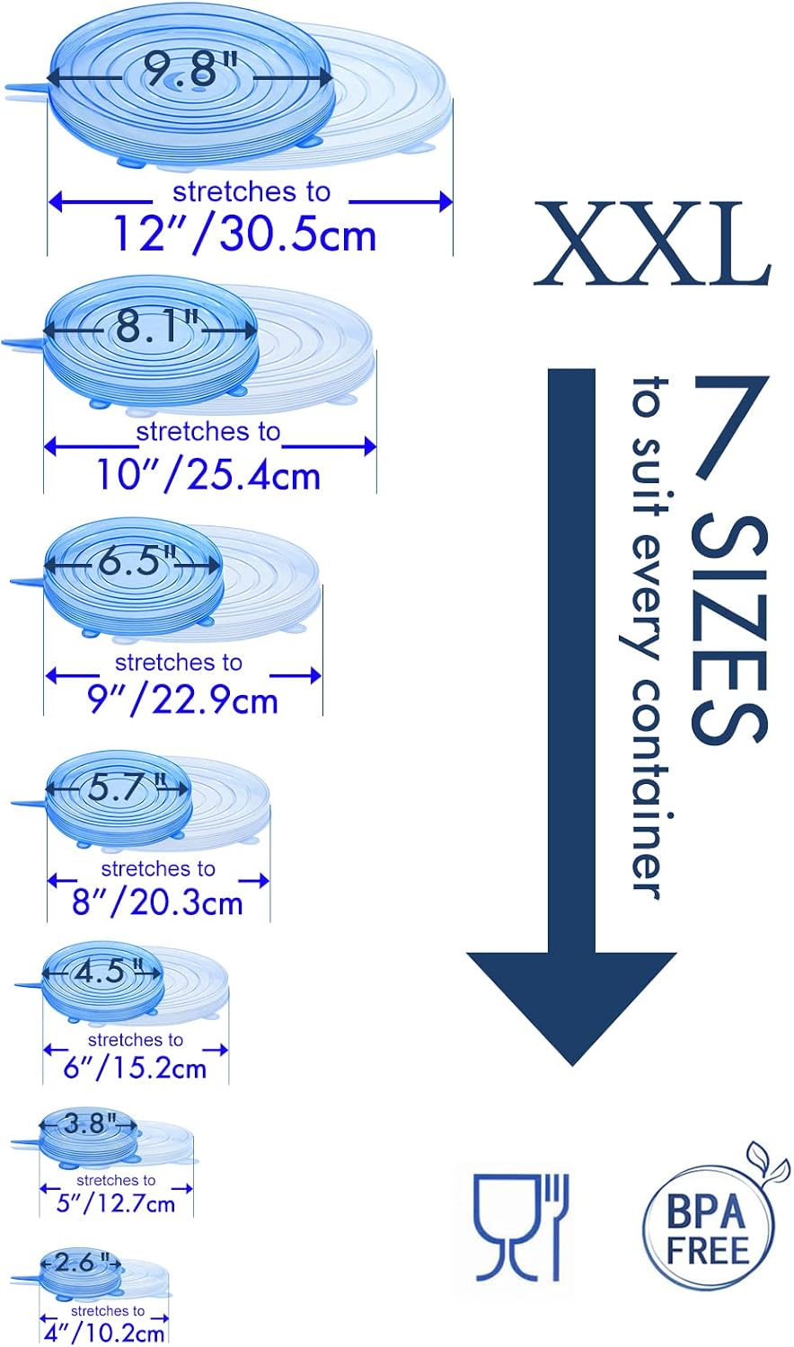 Longzon Silicone Stretch Lids 14 Pack Include 2Pcs Size up to 9.8'' Diameter,Reusable Durable Food Storage Covers for Bowl,7 Different Sizes to Meet 2.6"-9.8''Dia Containers,Dishwasher & Freezer Safe