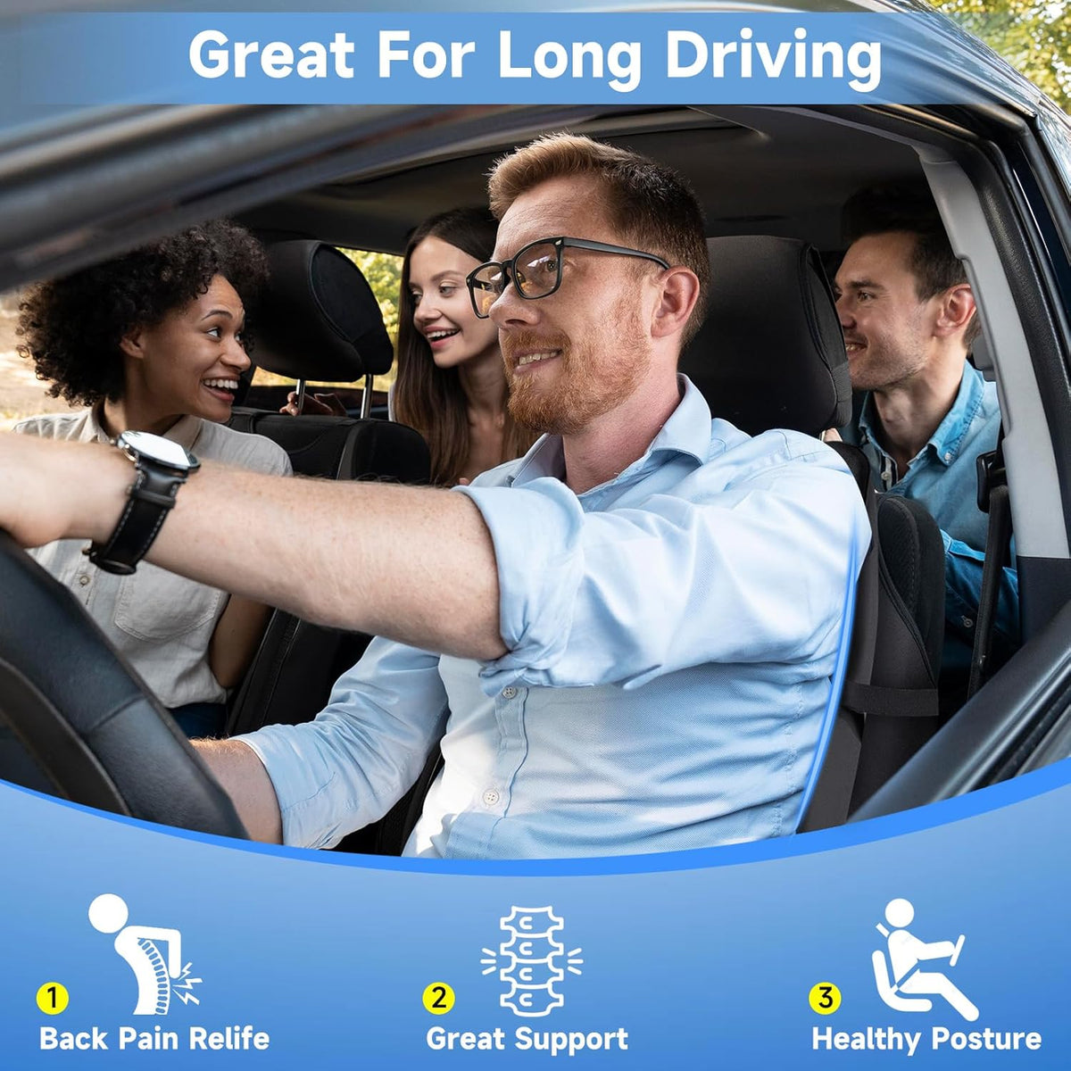 Lumbar Support Pillow for Office Chair Car Sitting Posture Back Support Memory Foam Back Cushion for Driving, Lumbar Comfort for Long Sitting, Truck with Three Adjustable Straps - PuriLite