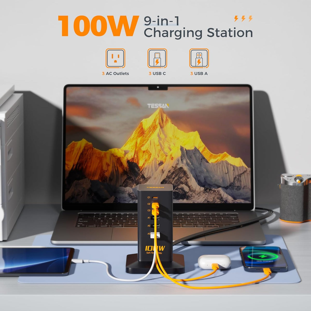Charging Station, TESSAN 65W Max GaN USB C Charger Block, 6-Ports and 3 AC Outlets Power Tower, Fast Charging for Multiple Devices, Compatible with iPhone, Samsung and More - PuriLite