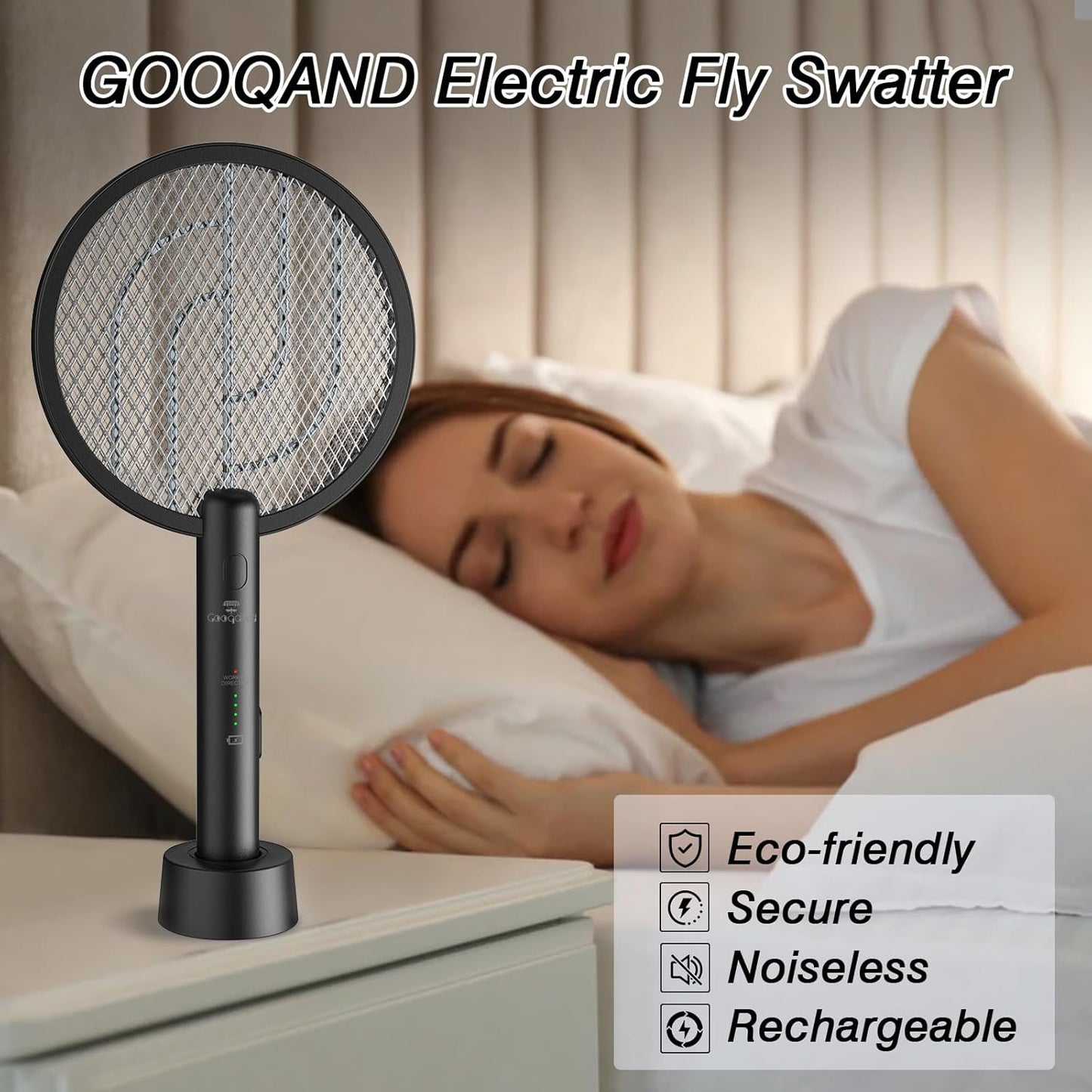 Gooqand Bug Zapper Racket, 2 in 1 Electric Fly Swatte with 3 Layer Safety Mesh, 4000V Fly Zapper with USB Rechargeable, Indoor Outdoor Fly Racket for Bedroom, Kitchen, Camping - PuriLite