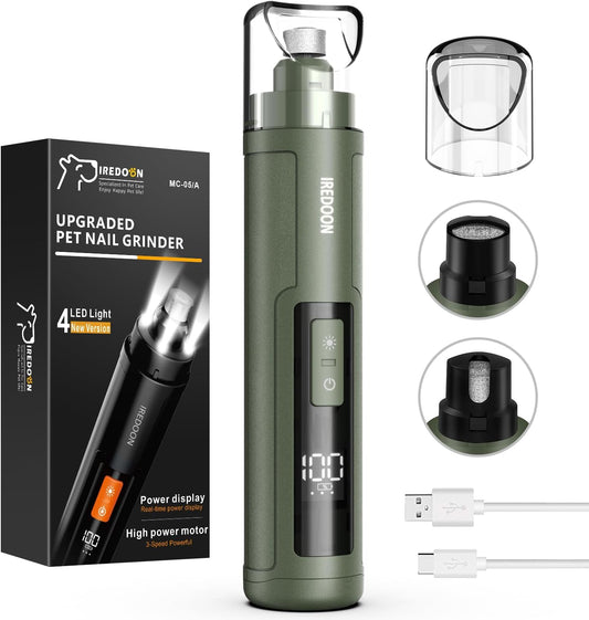 IREDOON Dog Nail Grinder Upgraded - Professional 3-Speed Super Quiet and Low Vibration Electric Pet Nail Grinder with 4 LED Lights - Painless Paws Grooming & Smoothing for Small to Large Dogs (Green) - PuriLite
