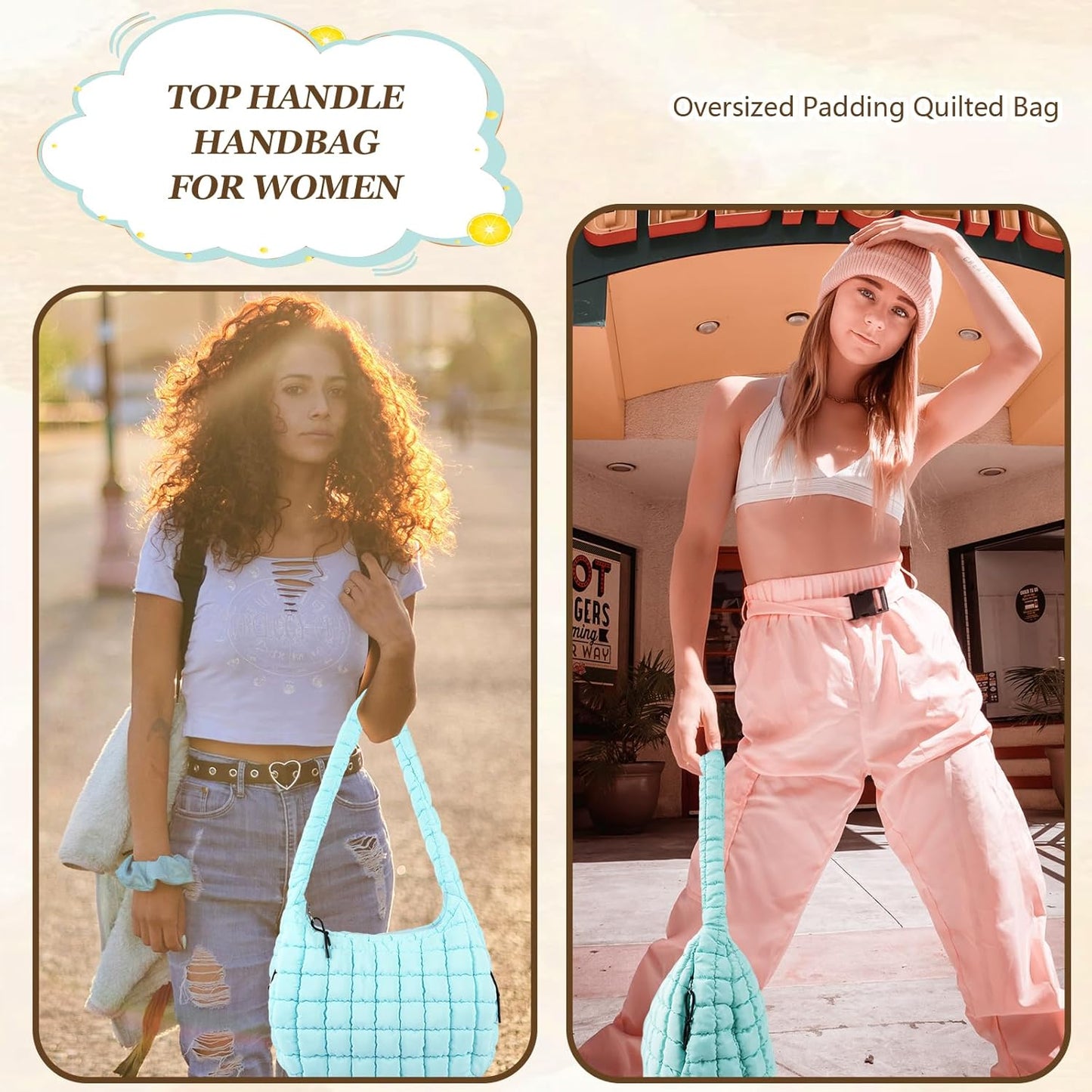 Quilted Puffer Tote Bag Large Crossbody Shoulder Bag with Zipper, Nylon Hobo Oversized Handbag - PuriLite