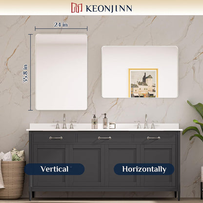 Keonjinn 42 x 36 Brushed Nickel Bathroom Vanity Mirror, Large Rounded Rectangle Bathroom Mirrors for over Sink, Metal Framed Silver Mirror for Wall, Shatterproof HD Tempered Glass(Horizontal/Vertical) - PuriLite