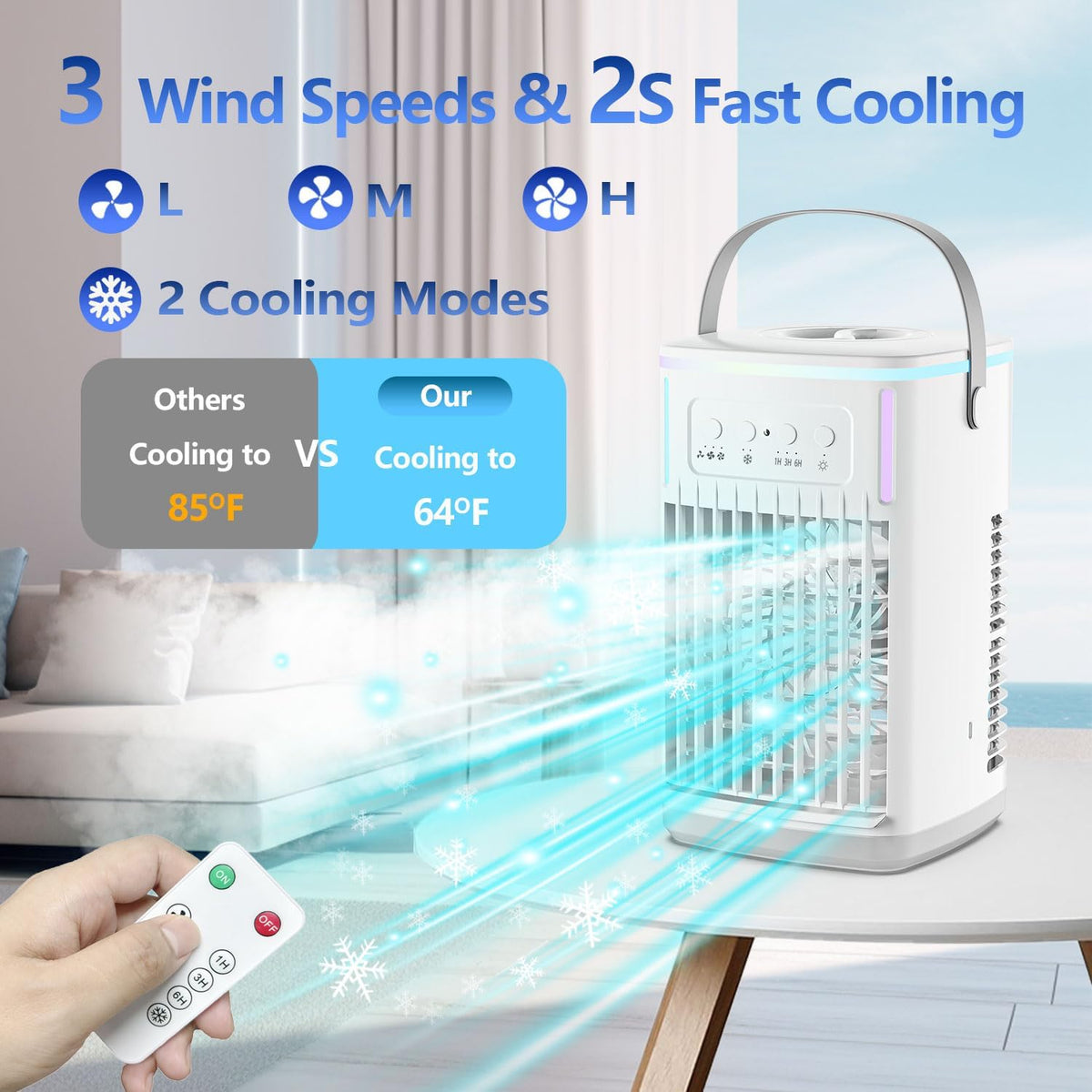 Portable Air Conditioners Fan with Remote, 4-in-1 Portable AC with 1500ml Water Tank, 3 Wind Speeds, 6H Timer, 2 Cool Mist, 7 Lights, Personal Mini Air Conditioner for Room Bedroom Office (Black) - PuriLite