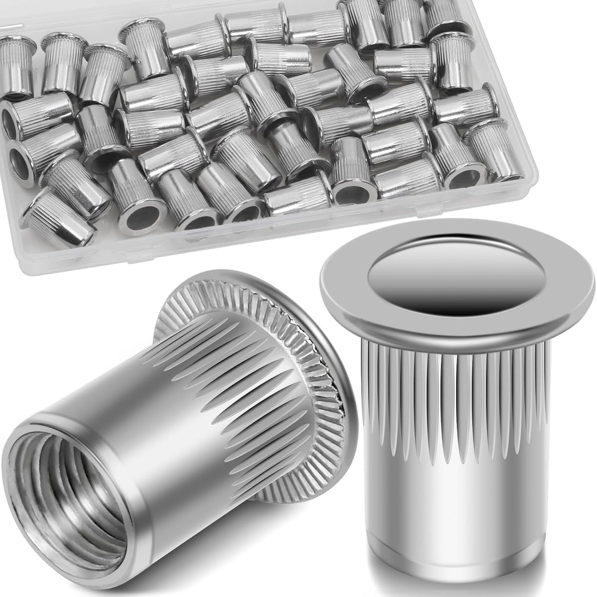 Vifmy Metric & SAE Rivet Nut Assortment Kit(420 Pcs),m3 m4 m5 m6 m8 m10 m12#6-32#8-32#10-24 1/4"-20 5/16"-18 3/8"-16 UNC Flat Head Rivnut Set,Zinc Plated Finish Carbon Steel Nutsert - PuriLite