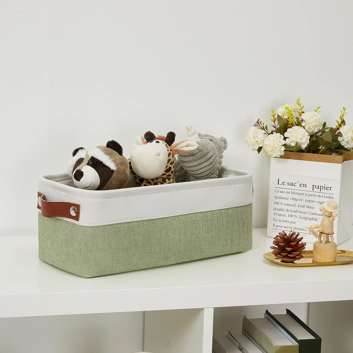DULLEMELO Storage Baskets for Shelves, Fabric Collapsible Rectangular Storage Bins for Shelves, Closets, Nursery, Home, Office, Empty Gift Baskets (White&Teal) - PuriLite