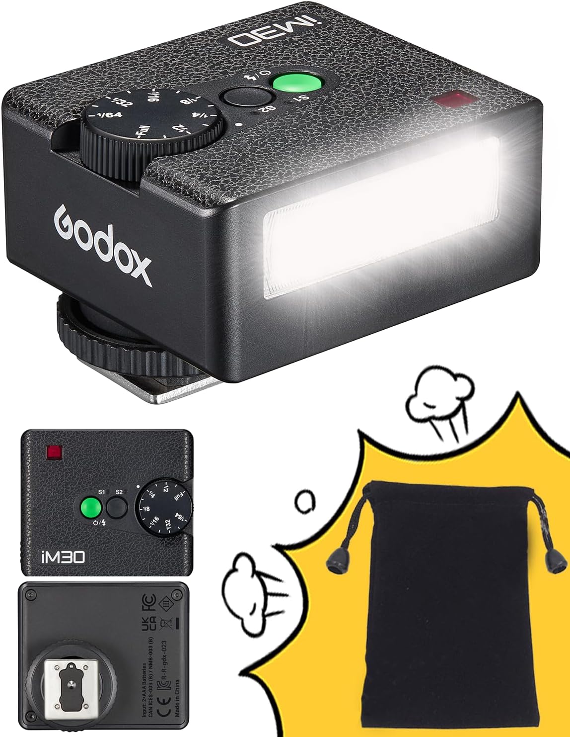 Godox IM30 Pocket Camera Flash, Godox Fully-Manual Flash, S1/S2 Optical Control with 6500K±200K Color Temperature, 7 Power Levels (1/64~1/1), Compatible with Canon,Sony,Nikon,Pentax,Panasonic,Olympus - PuriLite