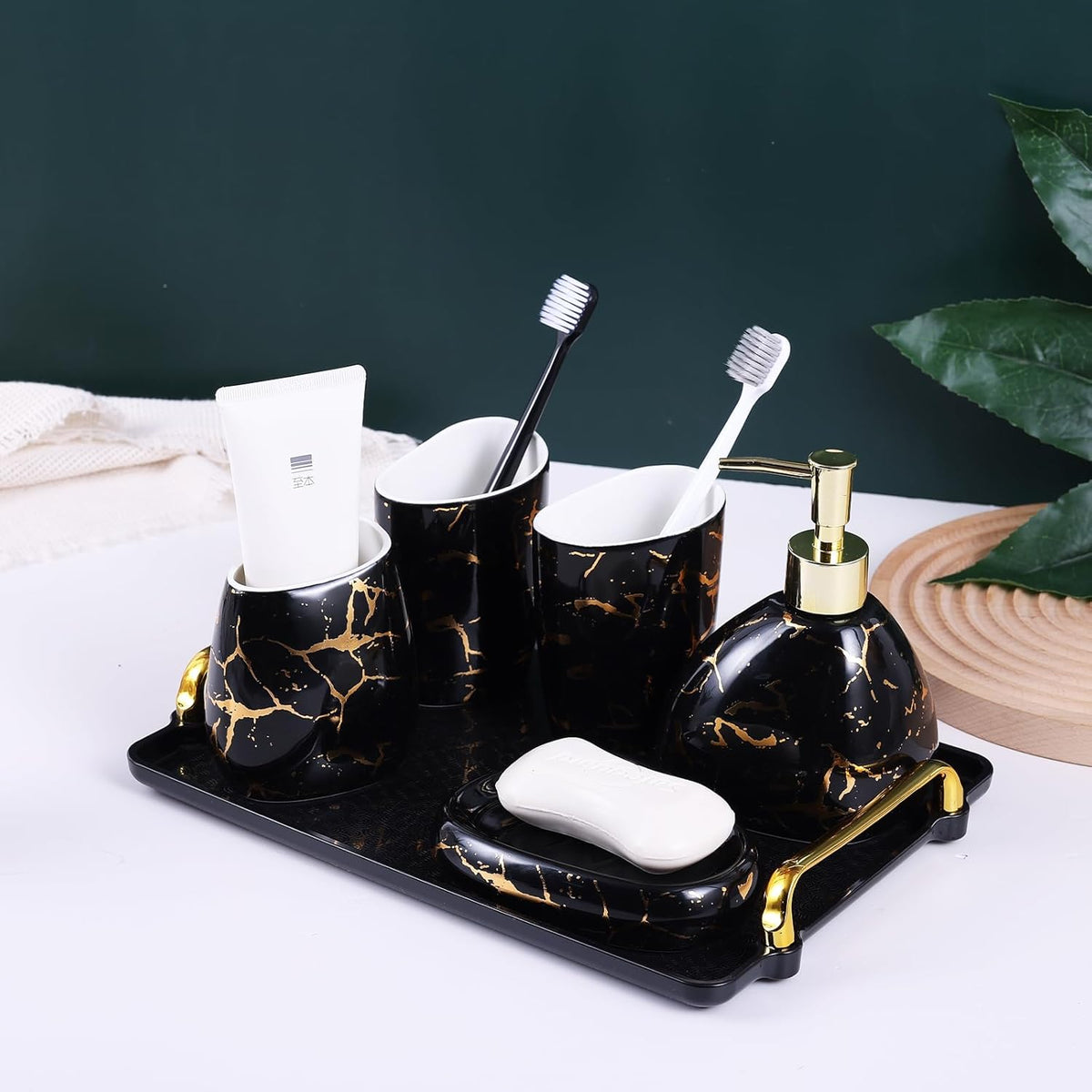 White Bathroom Accessories Set,Modern Countertop Bathroom Decor,Luxury 6 Piece Bathroom Accessory Set,Complete with Soap Dispenser,Toothbrush Holder,Tumbler,Tray - PuriLite