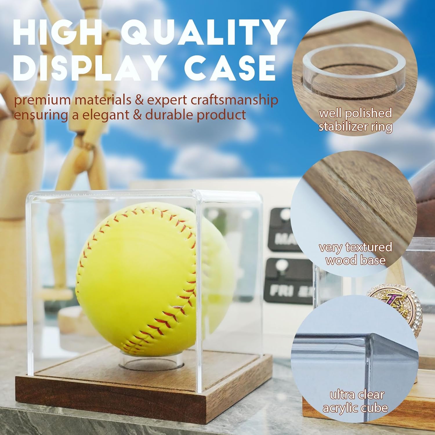JupDec Baseball Display Case, Clear Cube Baseball Holder with Wooden Base, Autograph Baseball Stand Box for Single Ball, Acacia Wood, Brown, 1 Pack - PuriLite