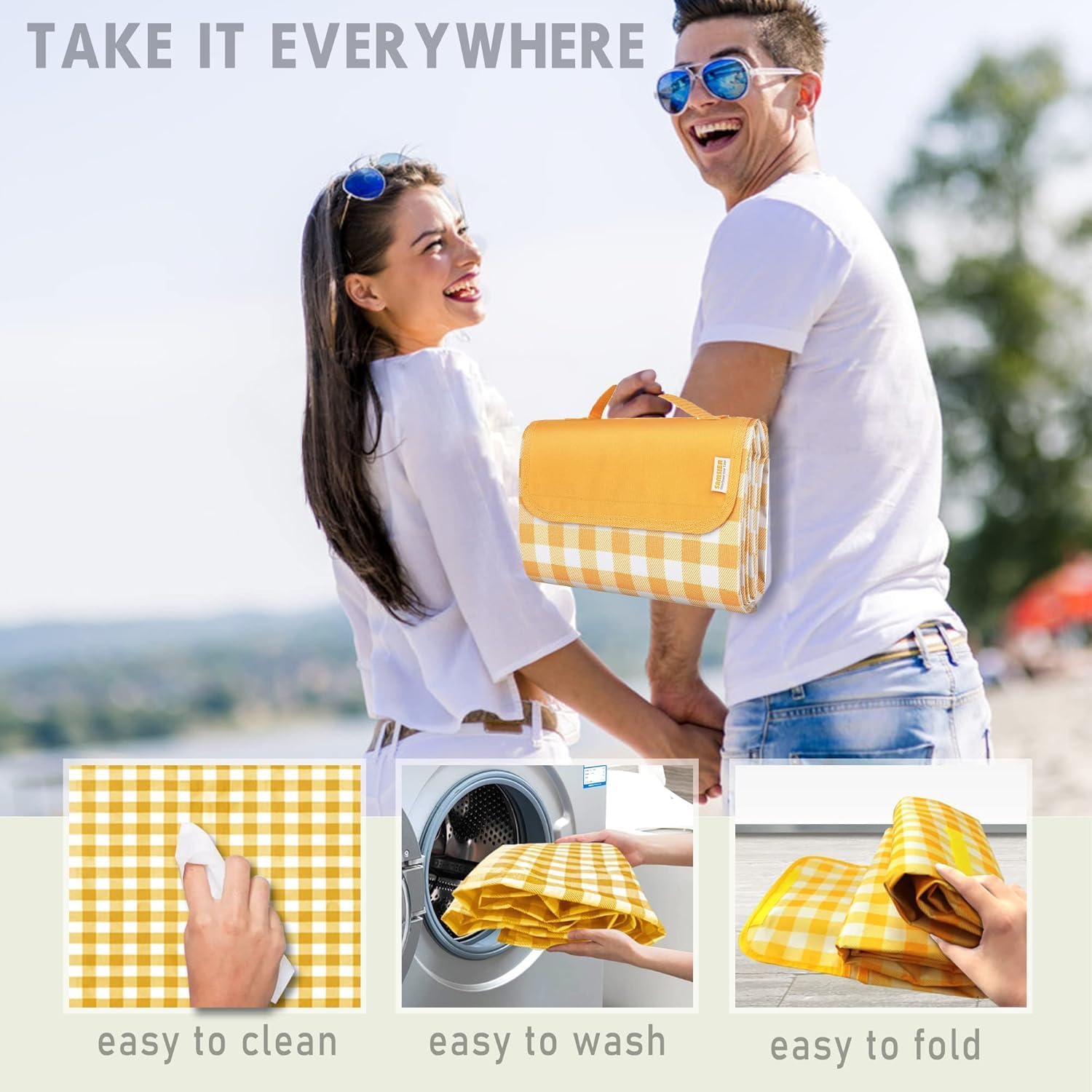 SAMSIER Large Outdoor Picnic Blankets Waterproof Foldable, Beach Blanket Sandproof Portable, Cute Picnic Mat Washable (Navy Blue, 60"×80") - PuriLite