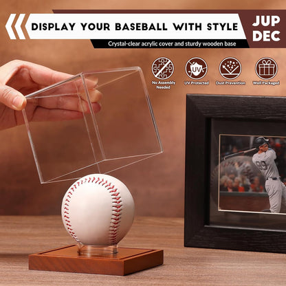 JupDec Baseball Display Case, Clear Cube Baseball Holder with Wooden Base, Autograph Baseball Stand Box for Single Ball, Acacia Wood, Brown, 1 Pack - PuriLite