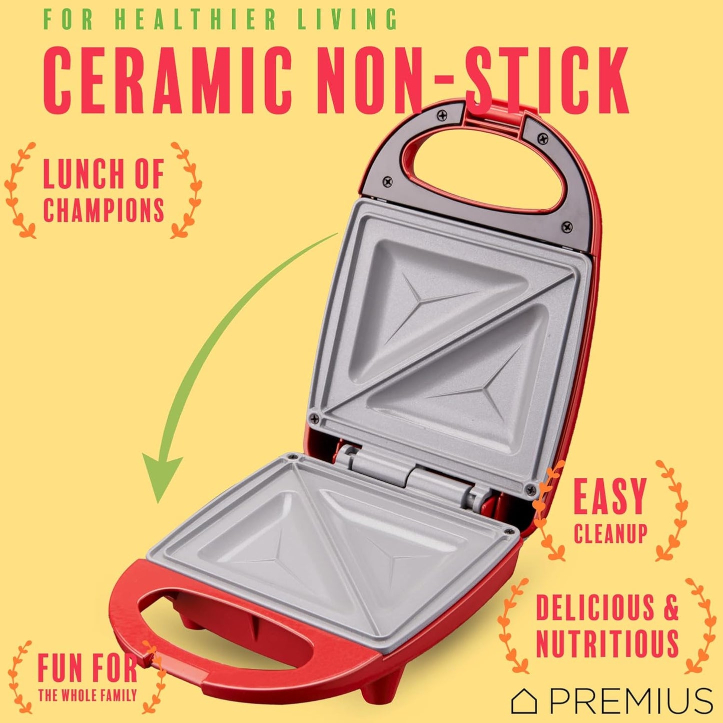 PREMIUS Ceramic NonStick Mini Snack Sandwich Maker, Indicator Light, 5x4.4 Inch Mold, Great for French Toast, Tuna Melt, Egg & Grilled Cheese, Pancake Sandwich, Desserts, Toasties, 520 W (Red) - PuriLite
