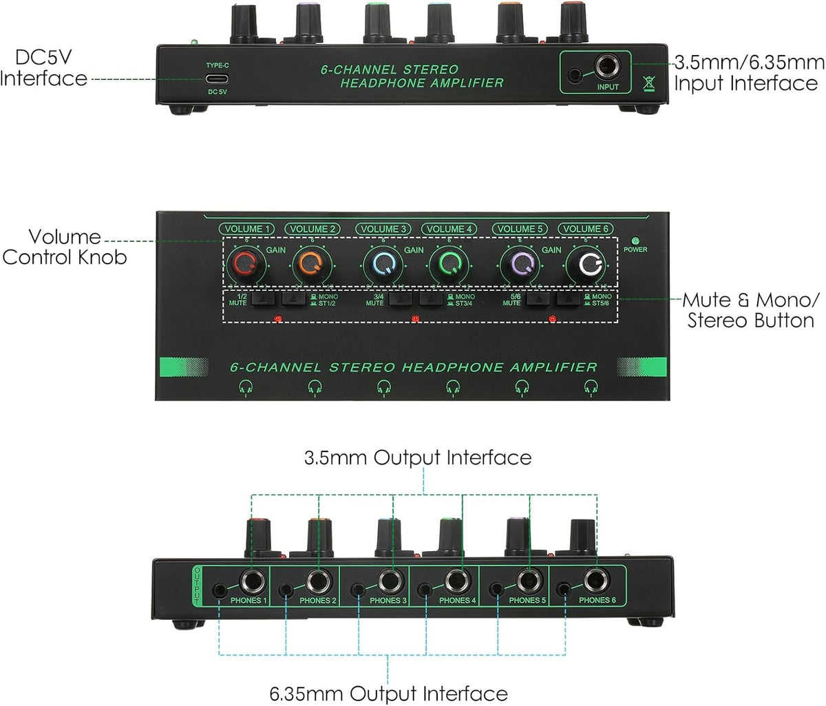 Headphone Amplifier, Headphone Amp 6 Channel Metal Stereo Audio Amplifier Splitter Mini Earphone Splitter - PuriLite