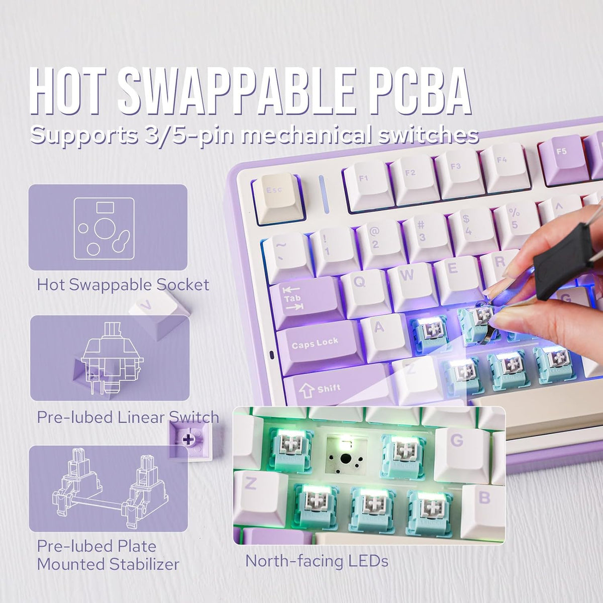 EPOMAKER x Aula F75 Gasket Mechanical Keyboard, 75% Wireless Hot Swappable Gaming Keyboard with Five-Layer Padding&Knob, Bluetooth/2.4GHz/USB-C, RGB (Black Gradient, LEOBOG Reaper Switch) - PuriLite