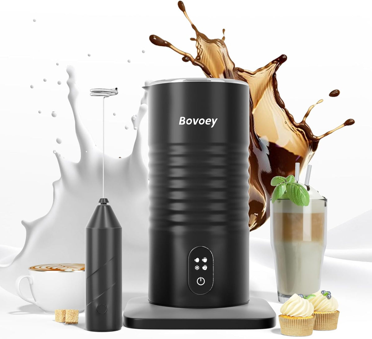 Electric Milk Frother Handheld Set,4 in 1 Automatic Milk Frother and Steamer,Cold Foam Maker Set for Hot Chocolate,Latte,Cappuccino and Macchiato,Electric Mixer Handheld Set for Coffee and Eggs Black - PuriLite