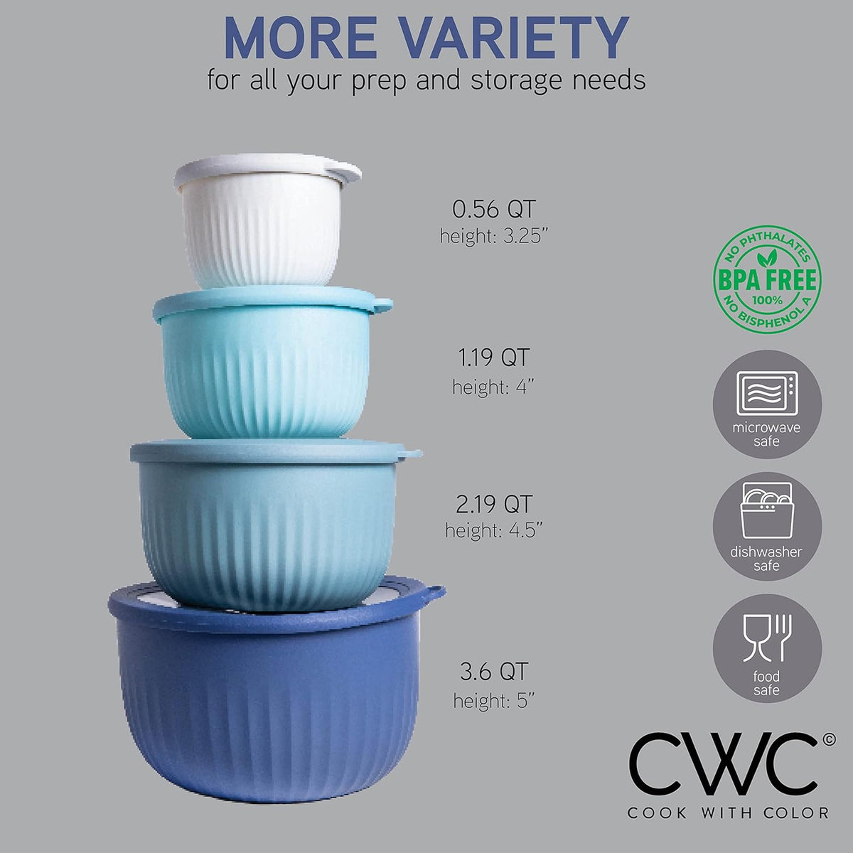 COOK WITH COLOR Prep Bowls with Lids- 8 Piece Nesting Plastic Small Mixing Bowl Set with Lids (Teal Ombre) - PuriLite