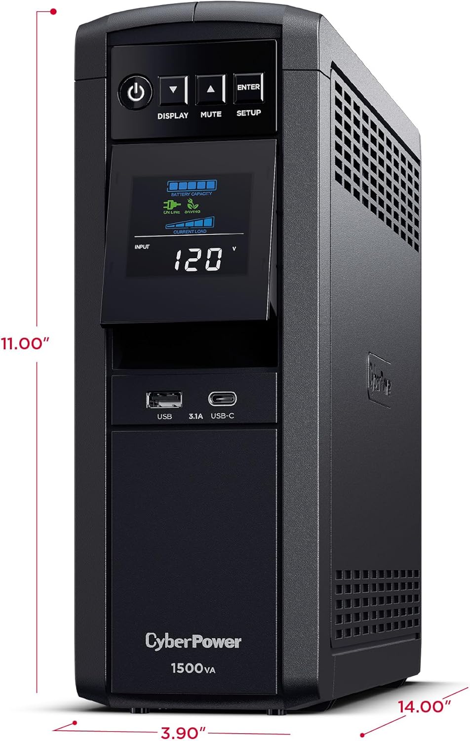 CyberPower CP1500PFCLCD PFC Sinewave UPS System, 1500VA/1000W, 12 Outlets, AVR, Mini Tower, Black - PuriLite