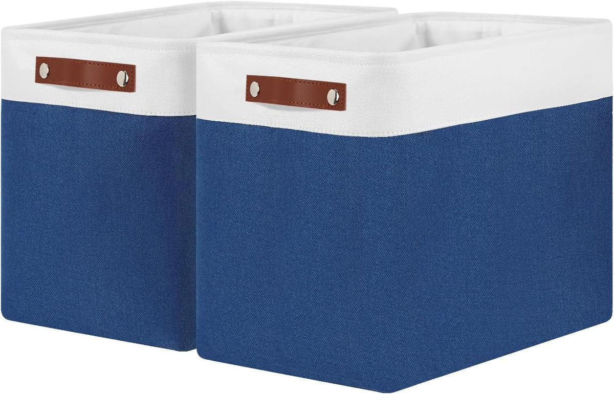 DULLEMELO Storage Baskets for Shelves, Fabric Collapsible Rectangular Storage Bins for Shelves, Closets, Nursery, Home, Office, Empty Gift Baskets (White&Teal) - PuriLite