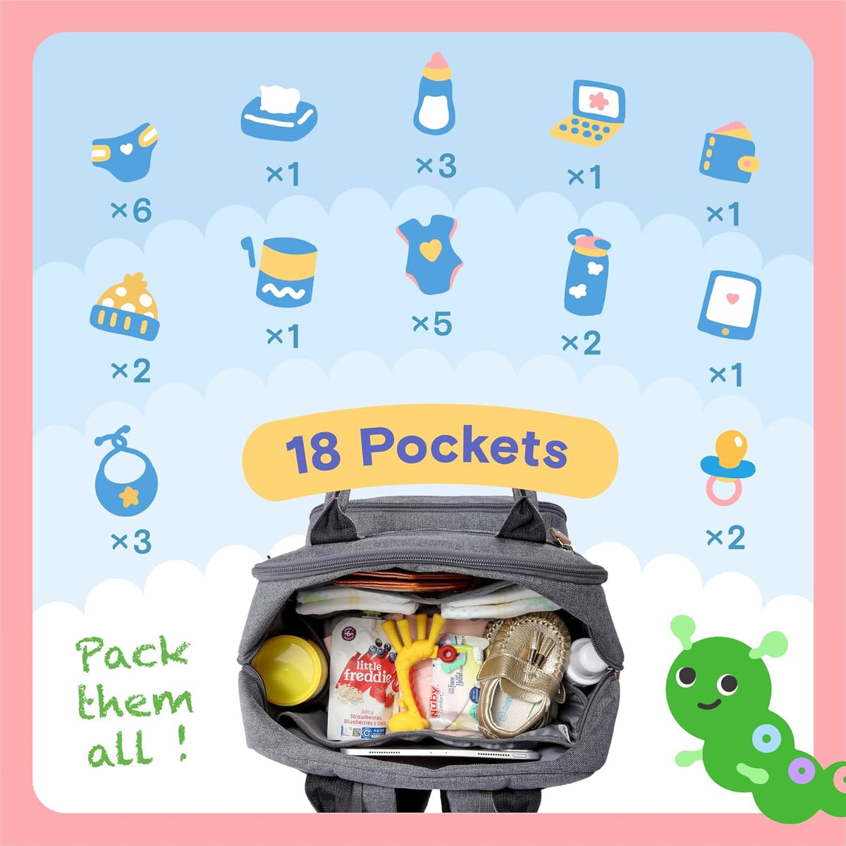 Diaper Bag Backpack, iniuniu Large Baby Bags with Diaper Pouch, Washable Changing Pad, Pacifier Case and Stroller Straps - PuriLite