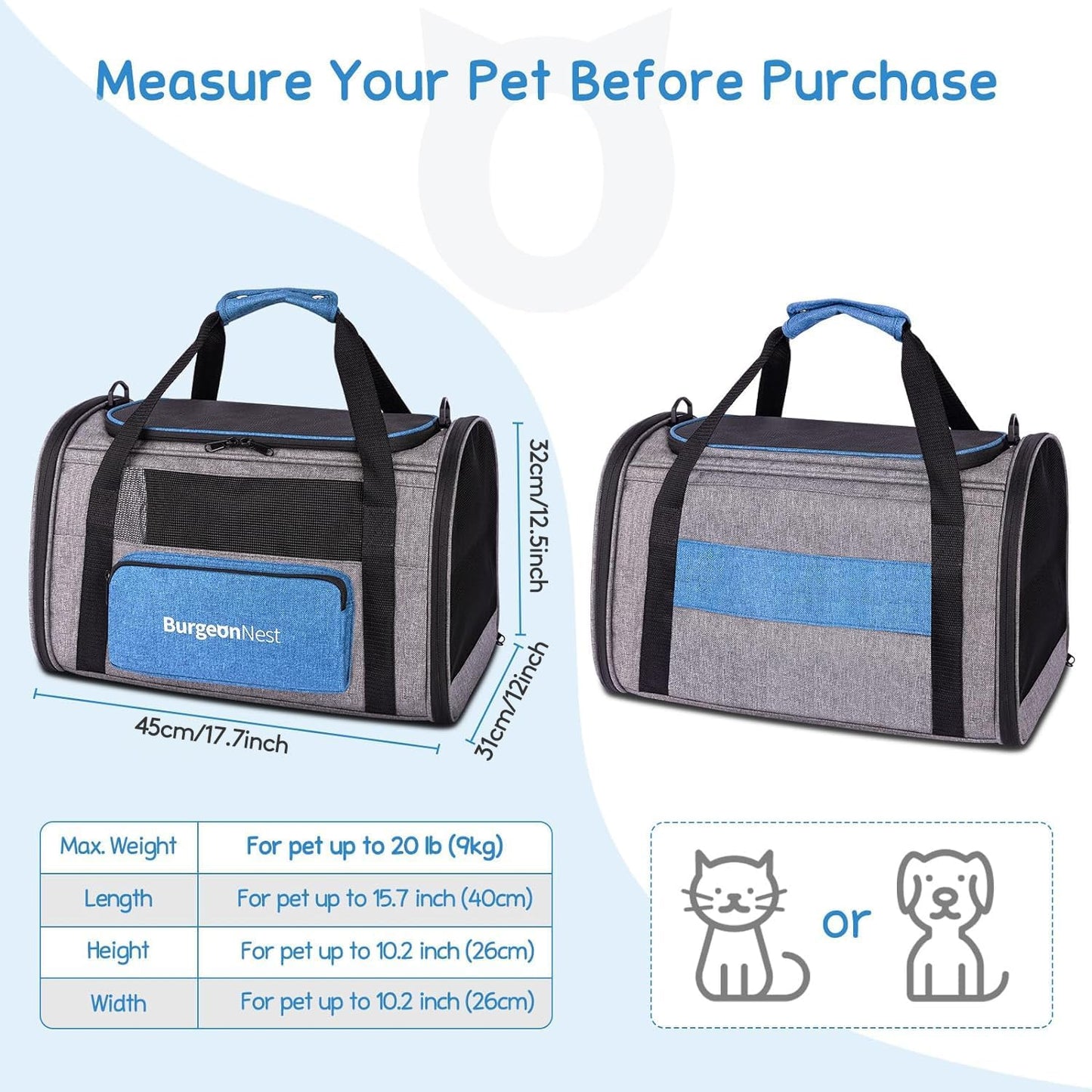 BurgeonNest Cat Carriers for Medium Cats Under 25 lbs, Pet Carrier for Cats with Unique Side Bag,Top Load Small Pet Carrier Soft-Sided Escape Proof with 4 Ventilated Windows - PuriLite