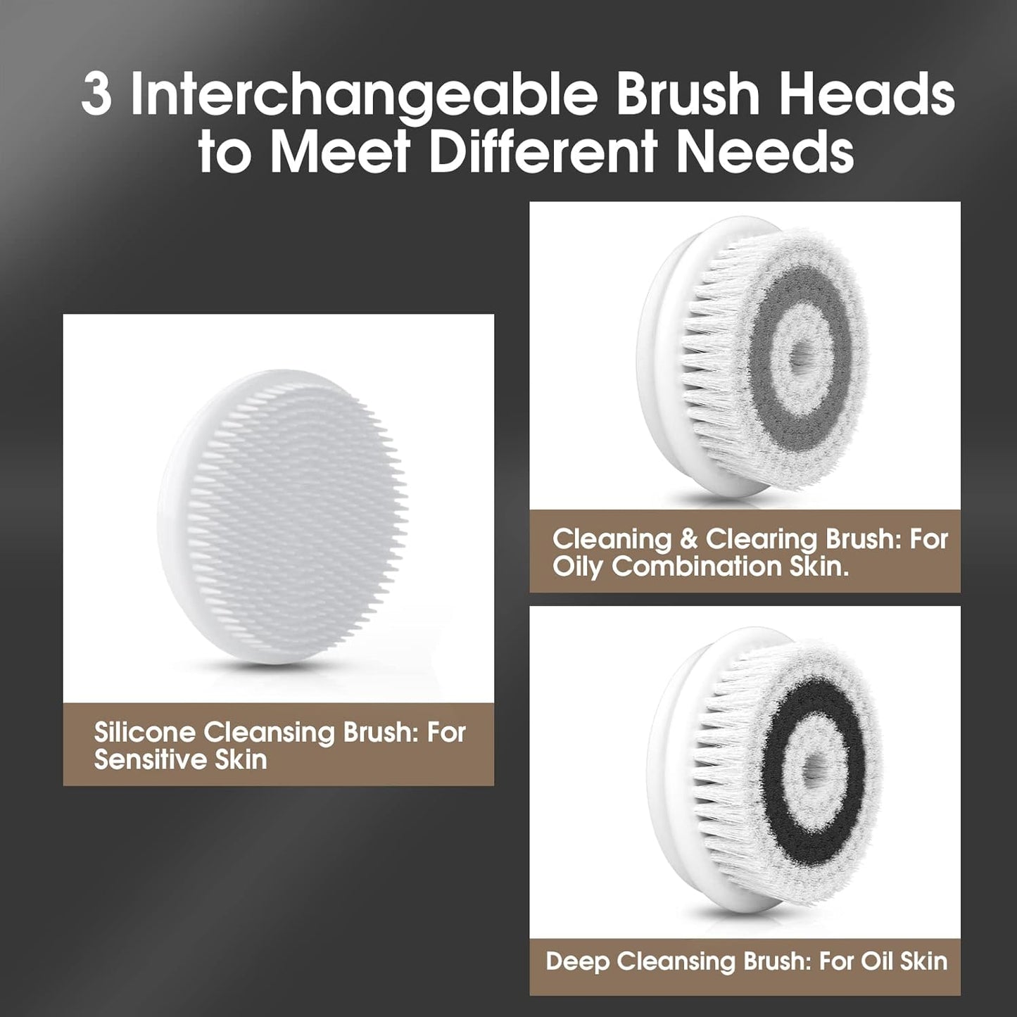 Facial Cleansing Brush Electric Facial Exfoliating Massage Brush with 3 Cleanser Heads and 2 Speeds Adjustable for Deep Cleaning, Removing Blackhead, Face Massaging - PuriLite