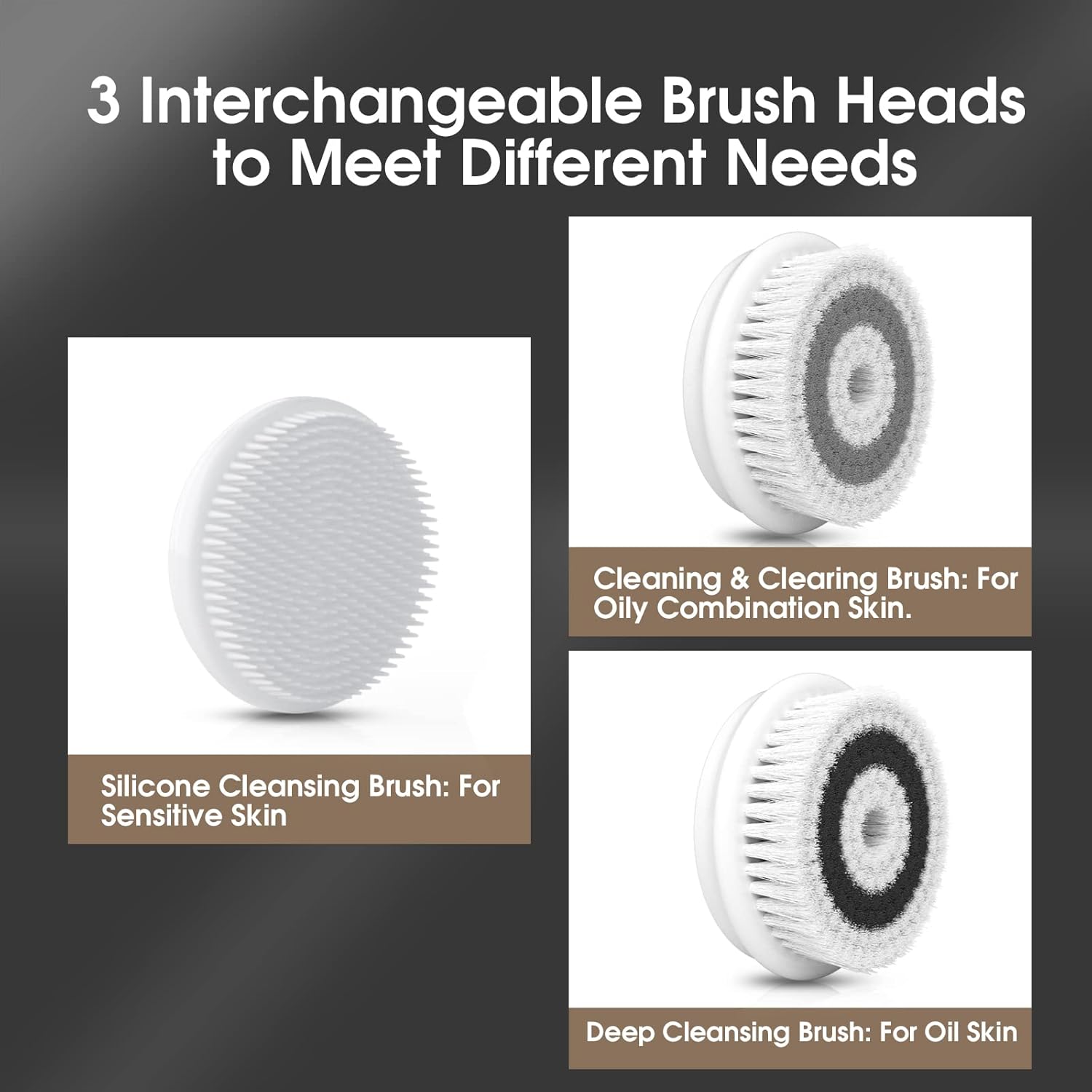 Facial Cleansing Brush Electric Facial Exfoliating Massage Brush with 3 Cleanser Heads and 2 Speeds Adjustable for Deep Cleaning, Removing Blackhead, Face Massaging - PuriLite