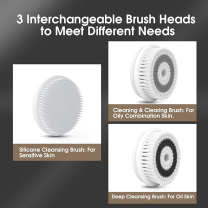Facial Cleansing Brush Electric Facial Exfoliating Massage Brush with 3 Cleanser Heads and 2 Speeds Adjustable for Deep Cleaning, Removing Blackhead, Face Massaging - PuriLite