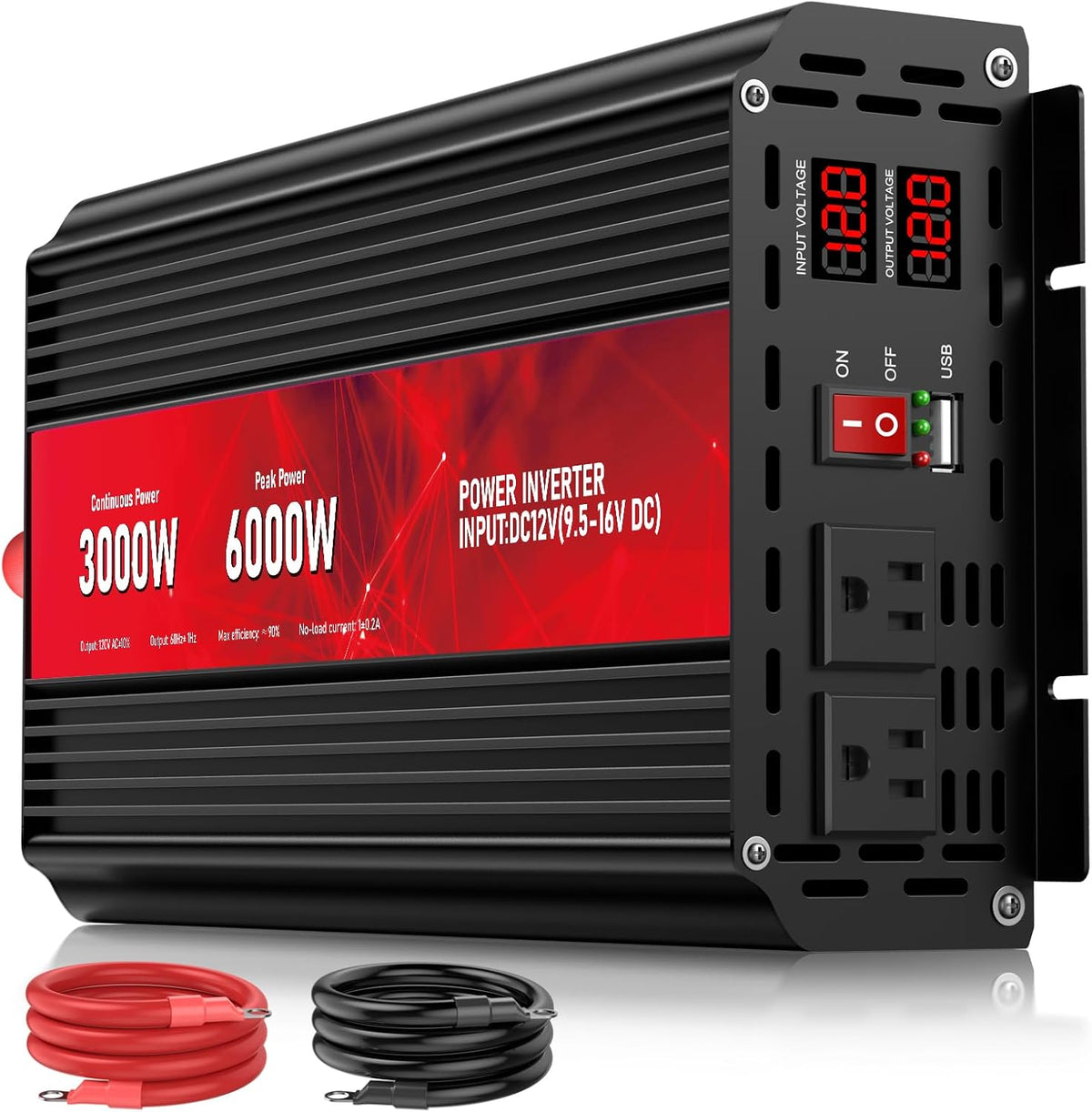 3000W Power Inverter,12V DC to AC 110V120V Peak Power 6000W with 2AC Outlets and 2.4USB Port,LCD Display Car Inverter for Outdoor Activities,Emergency - PuriLite
