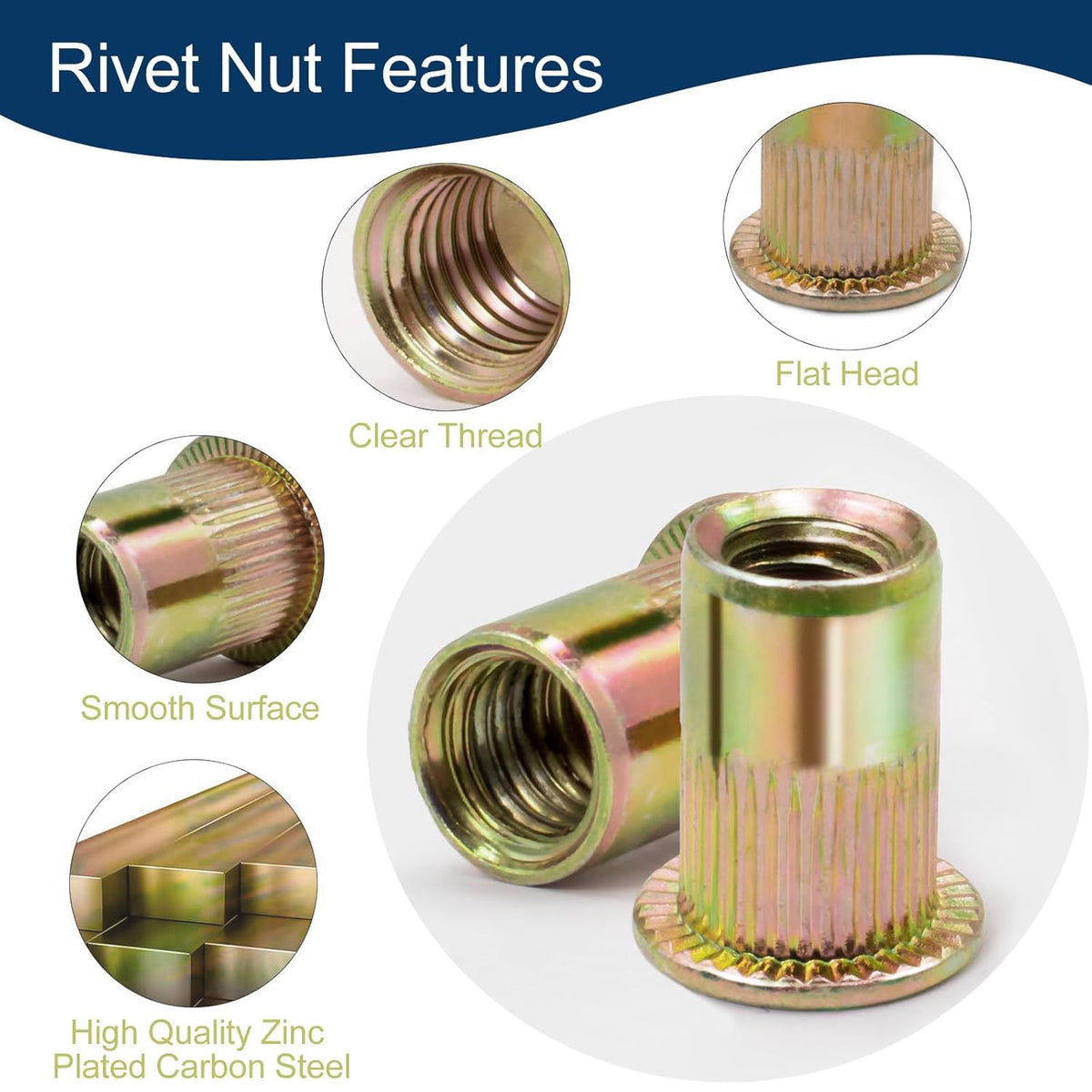 Vifmy Metric & SAE Rivet Nut Assortment Kit(420 Pcs),m3 m4 m5 m6 m8 m10 m12#6-32#8-32#10-24 1/4"-20 5/16"-18 3/8"-16 UNC Flat Head Rivnut Set,Zinc Plated Finish Carbon Steel Nutsert - PuriLite
