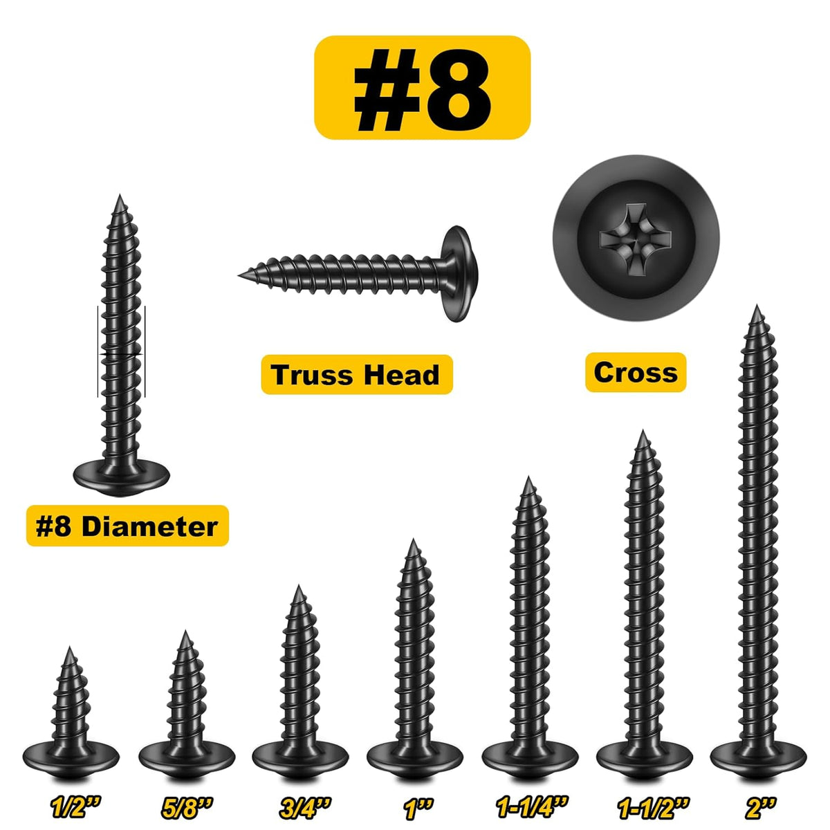 150Pcs #8 × 2" Black Screws for Wood, Phillips Truss Head Wood Screws, Quick Metal Self Tapping, Zinc Plated Steel, Truss Head Screws by Mywish - PuriLite