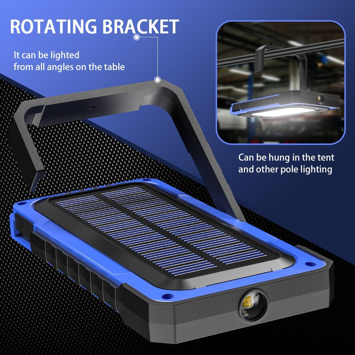 WARSUN Led Work Light Rechargeable, Portable Magnetic Work Light, LED Flood Light Waterproof for Outdoor Camping Hiking Emergency Car Repairing (USB + Solar Charging, Blue) - PuriLite