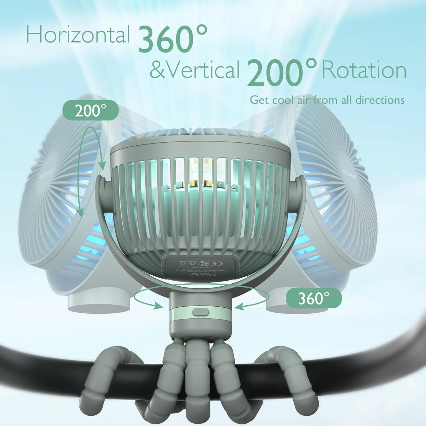 Momcozy Portable Stroller Fan, 27H Ultra-long Battery Life, Detachable 4 Speed 360°Rotate, LED Night Light with 2 Modes, USB Rechargeable and Handheld Cooling Fan for Travel, Car Seat - PuriLite