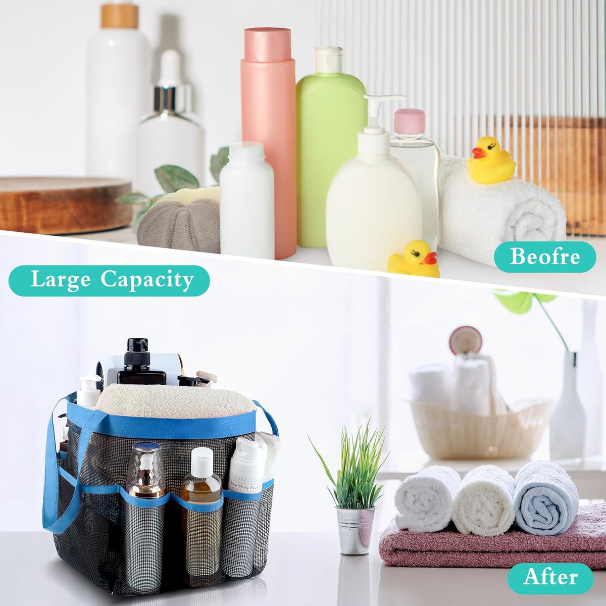 Attmu Mesh Shower Caddy Portable for College Dorm Room Essentials with 8 Pockets, Hanging Shower Caddy Basket Tote Bag Toiletry Accessories for Bathroom - PuriLite