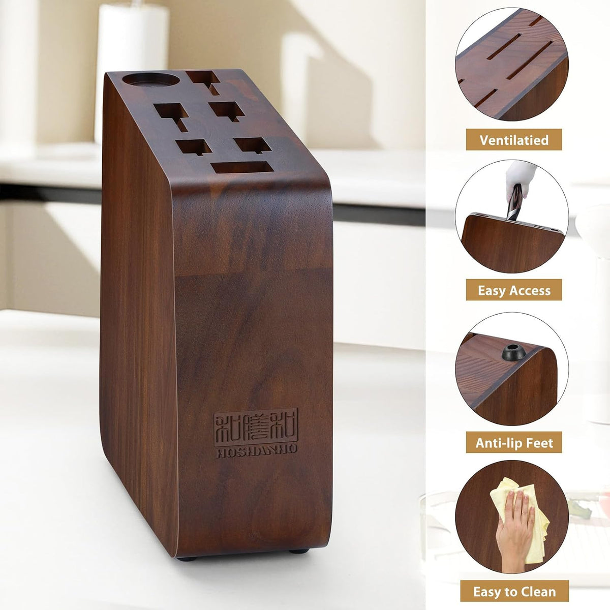 HOSHANHO Magnetic Knife Block 14 x 10 Inches, Double Sided Magnetic Knife Holder Rack for Kitchen Counter, Acacia Wood Magnetic Knife Storage Stand with Knife Sharpener - PuriLite
