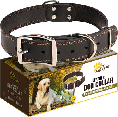 ADITYNA Heavy-Duty Leather Dog Collar for Medium Dogs - Soft and Strong, 100% Genuine Leather - Collier Pour Chien (Medium: Fit 13" - 20" Neck, Brown) - PuriLite