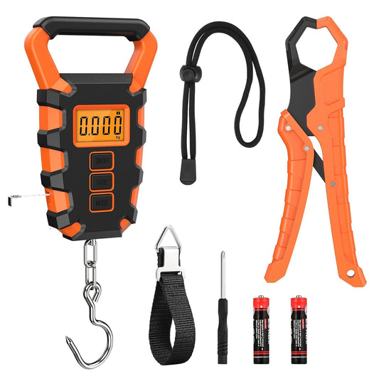 ORIA Fish Scale Digital, Fishing Scale, Fish Scale with Ruler and Fish Gripper, 110lb/50kg Baggage Weighing Scale, Backlit LCD Display (Orange) - PuriLite