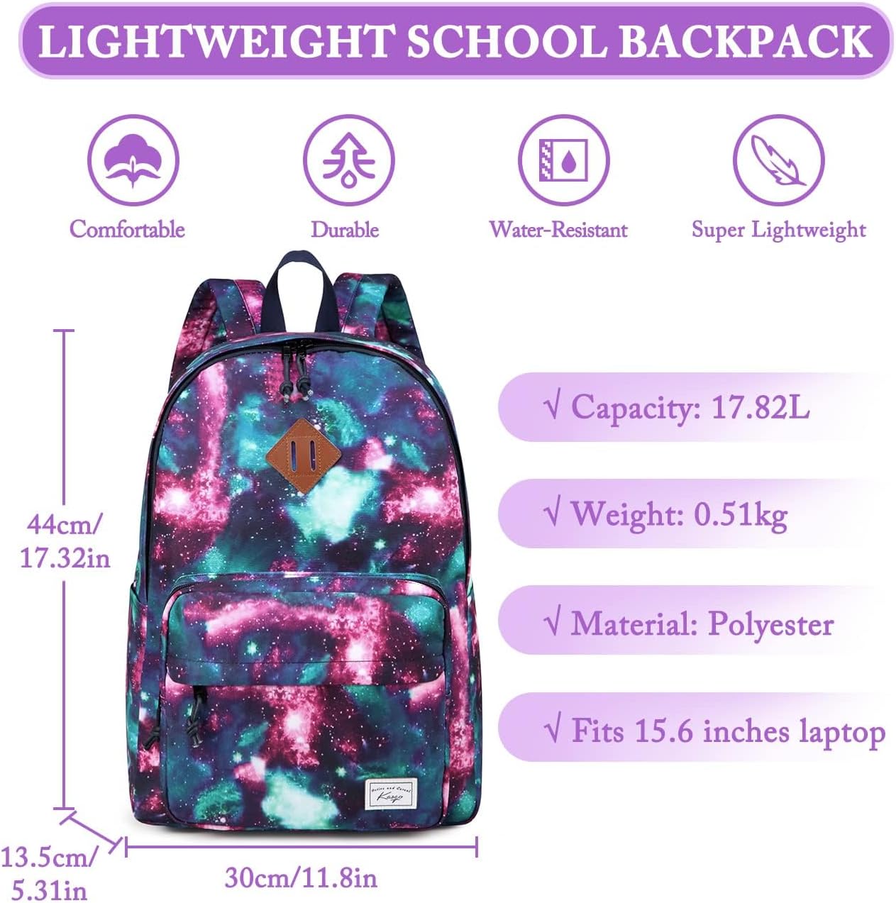 School Backpack, Kasqo 15.6 Inch Classic Lightweight Water-Resistant Backpack for Men Women Teens Girls Boys Kids to School, College, Travel, Work, Black - PuriLite