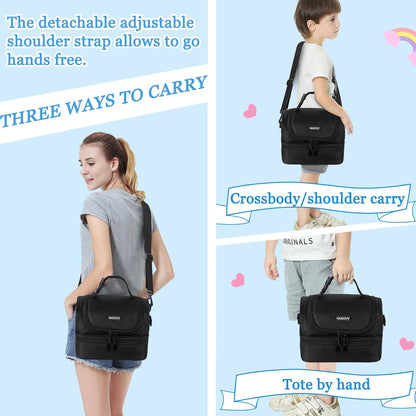 VASCHY Lunch Box Bag Men, Insulated Two Compartments Bento Cooler Bags for Adults/Women/Kids for School,Daycare,Kindergarten,Picnic Black - PuriLite