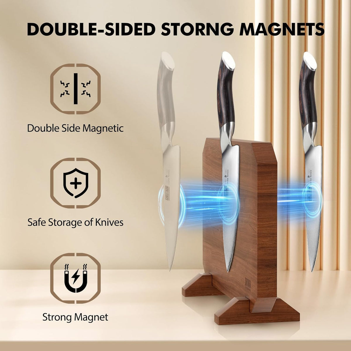 HOSHANHO Magnetic Knife Block 14 x 10 Inches, Double Sided Magnetic Knife Holder Rack for Kitchen Counter, Acacia Wood Magnetic Knife Storage Stand with Knife Sharpener - PuriLite