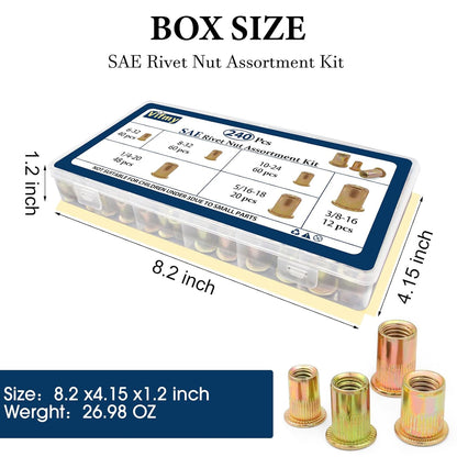 Vifmy Metric & SAE Rivet Nut Assortment Kit(420 Pcs),m3 m4 m5 m6 m8 m10 m12#6-32#8-32#10-24 1/4"-20 5/16"-18 3/8"-16 UNC Flat Head Rivnut Set,Zinc Plated Finish Carbon Steel Nutsert - PuriLite