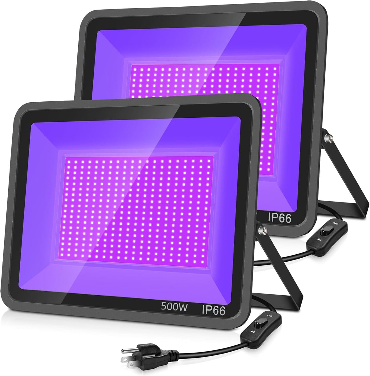 YANYCN - 2 Pack 500W Black LED Flood Light, Outdoor Black Flood Light with Plug and Switch, IP66 Waterproof 395nm to 405nm, UV LED Light, Neon Glow for Party - PuriLite