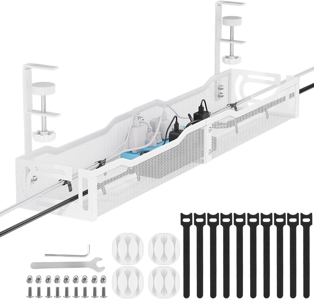 Cable Management, 64CM Cable Management Under Desk No Drill, Metal Cord Organizer with Clamp for Standing Desk, Cable Organizer for Home Office, White