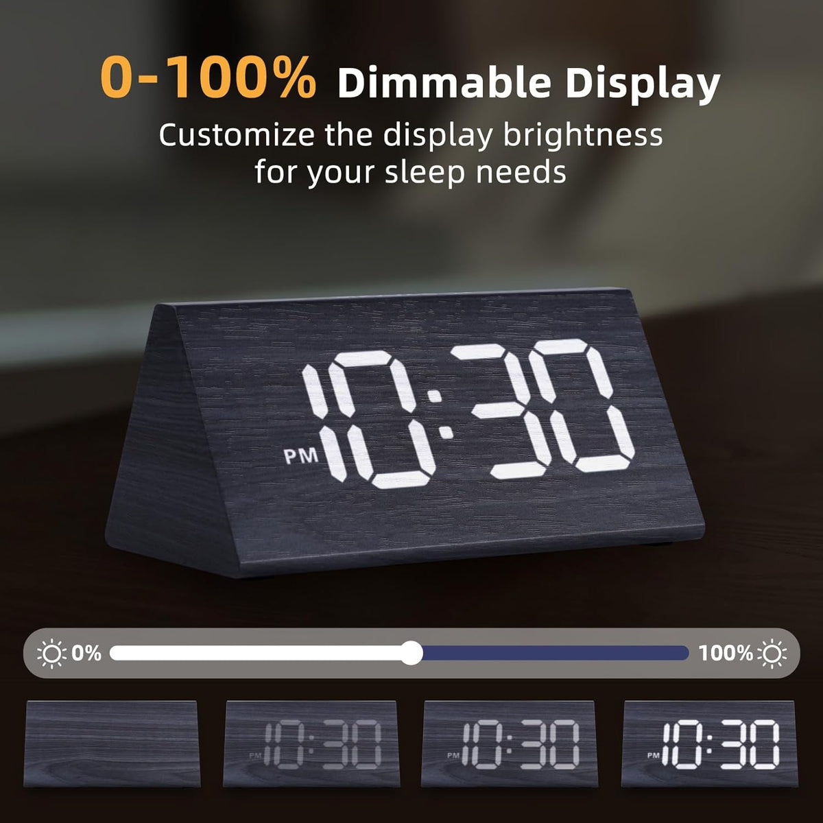 Odokee Wooden Digital Alarm Clock for Bedroom: Electric Desk Clock with Large LED Display - Brown - PuriLite