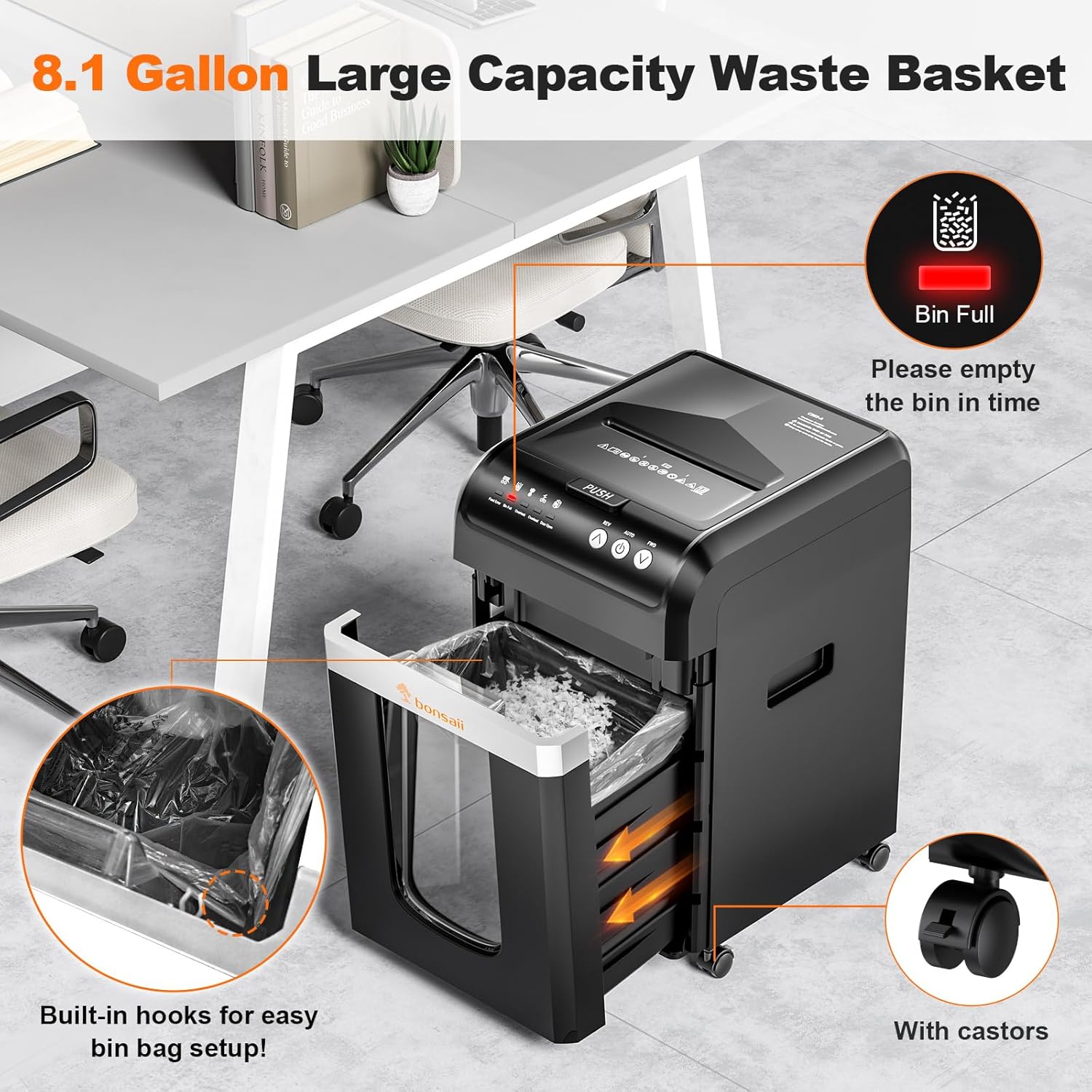 Bonsaii 200-Sheet Auto Feed Paper Shredder, 60 Minutes Nonstop Heavy Duty Shredders, 8.1 Gallon Large Bin Office Document Shredder, Micro-Cut/High Security P-4 Commercial Grade Shredder (C283-A) - PuriLite