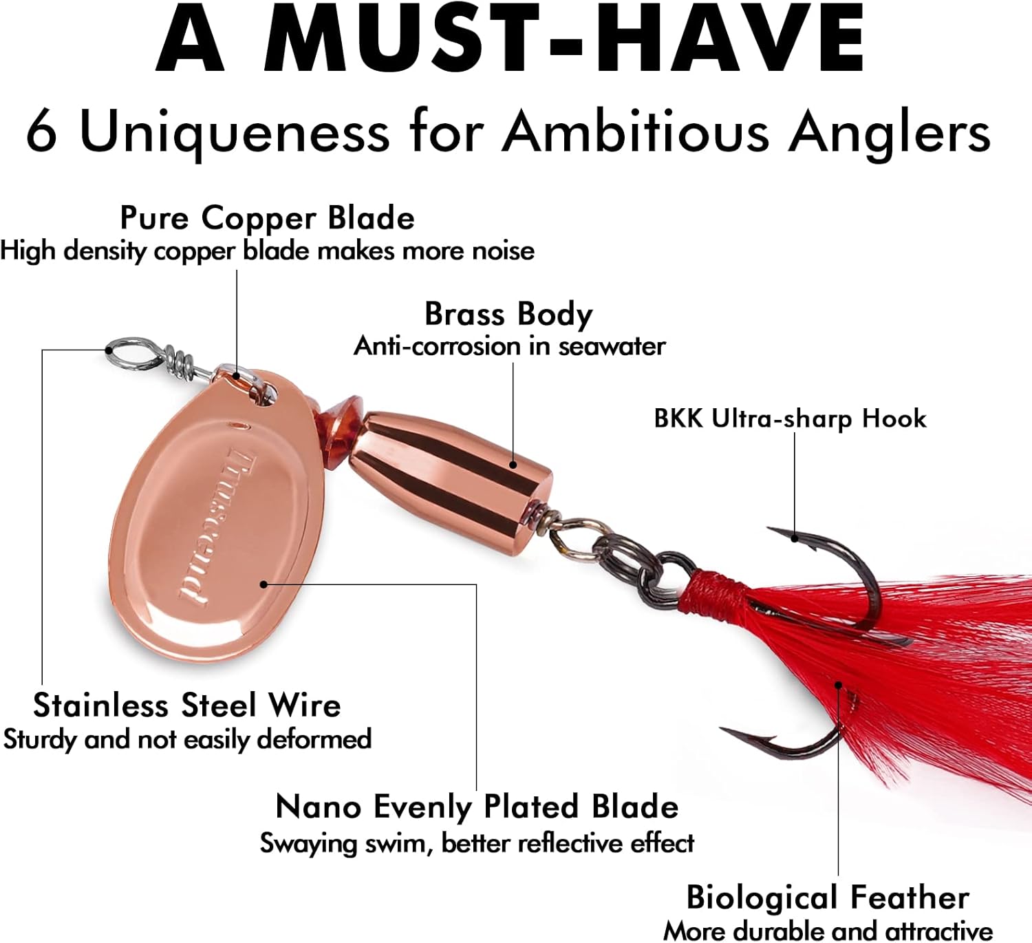 TRUSCEND Fishing Spinners with Unique Double Spoons, Nano-Plated Rooster Tail Fishing Lures with Copper Body & Blade, Great Action Blade Bait for Bass Trout Walleye, Freshwater Ice Fishing Jigs - PuriLite