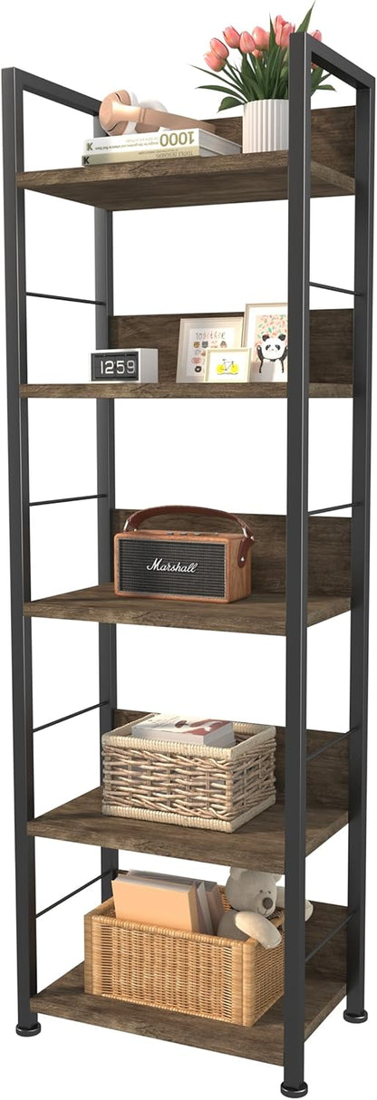 KZZLOL Bookshelf 5 Tier, Corner Bookcase with MDF Board & Metal Frame, Industrial Book Shelf Decor for Living Room, Study, Kitchen ,Bedroom Storage (Dark Brown) - PuriLite