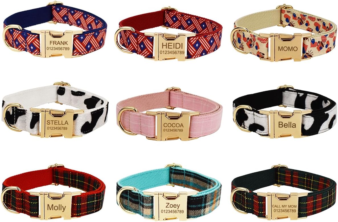 Custom Dog Collar with Metal Buckle - Pet Collars Personalized with Name and Phone Number (Plaid) - PuriLite